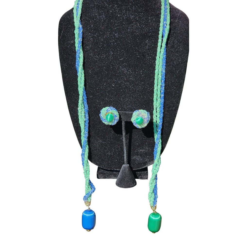 VTG Japan Green Blue Seed Bead Multi Strand Lariat Necklace Clip Ons Set READ